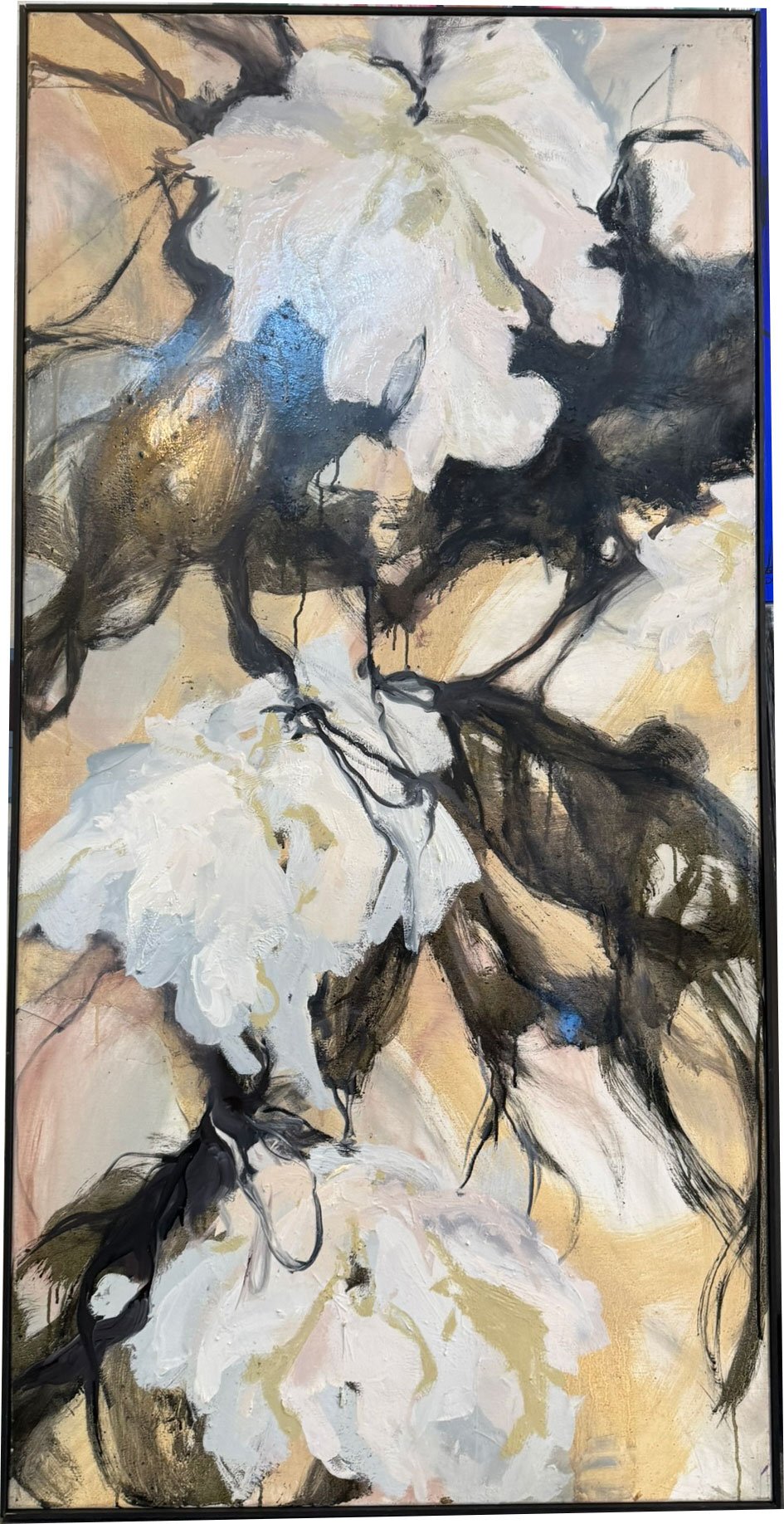 Abstrakt maleri i lyse farver, 70x140cm Lisbeth Gundersen