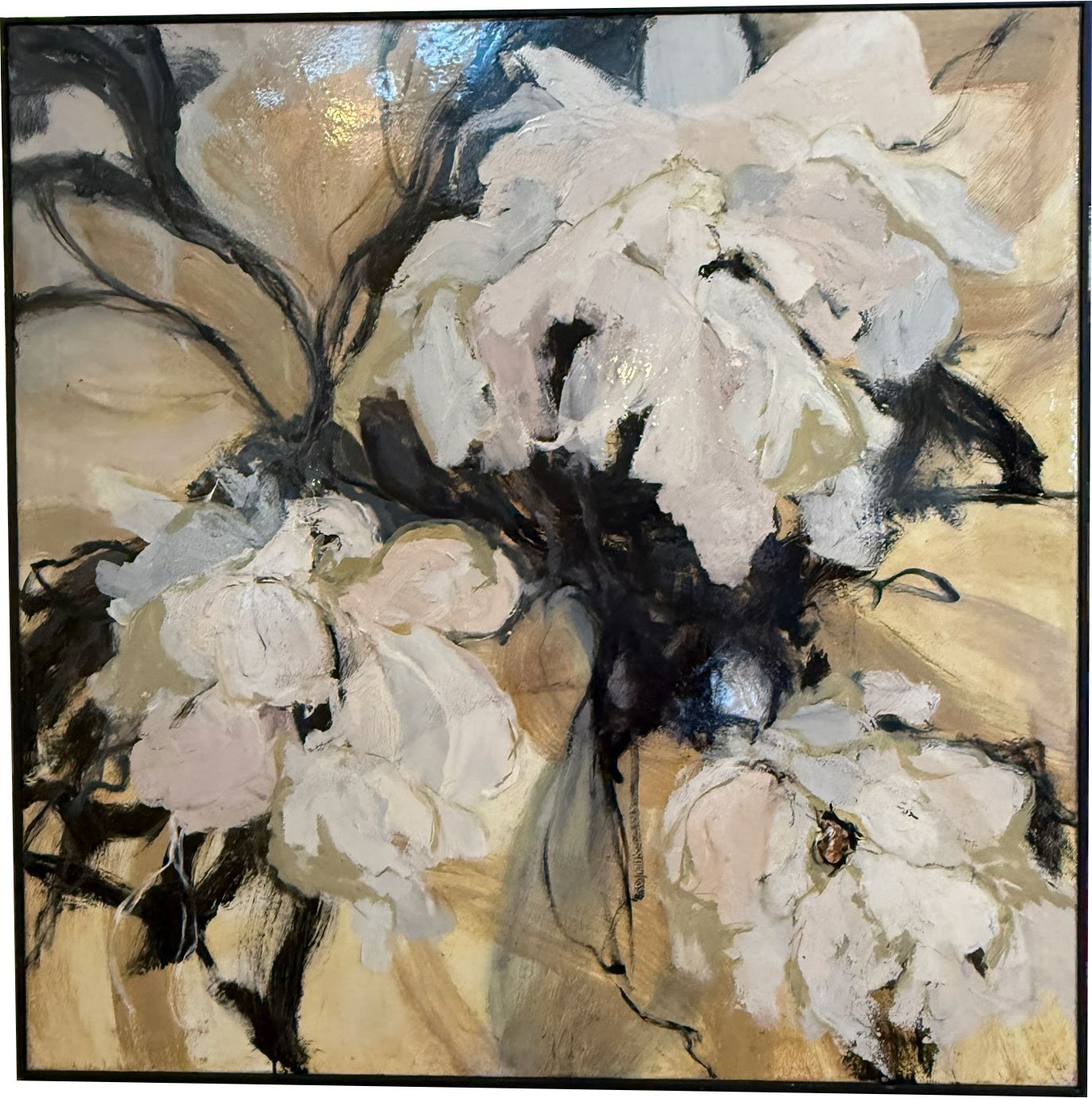 Abstrakt maleri i lyse farver, 100x100cm Lisbeth Gundersen