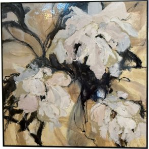 Abstrakt maleri i lyse farver, 100x100cm Lisbeth Gundersen