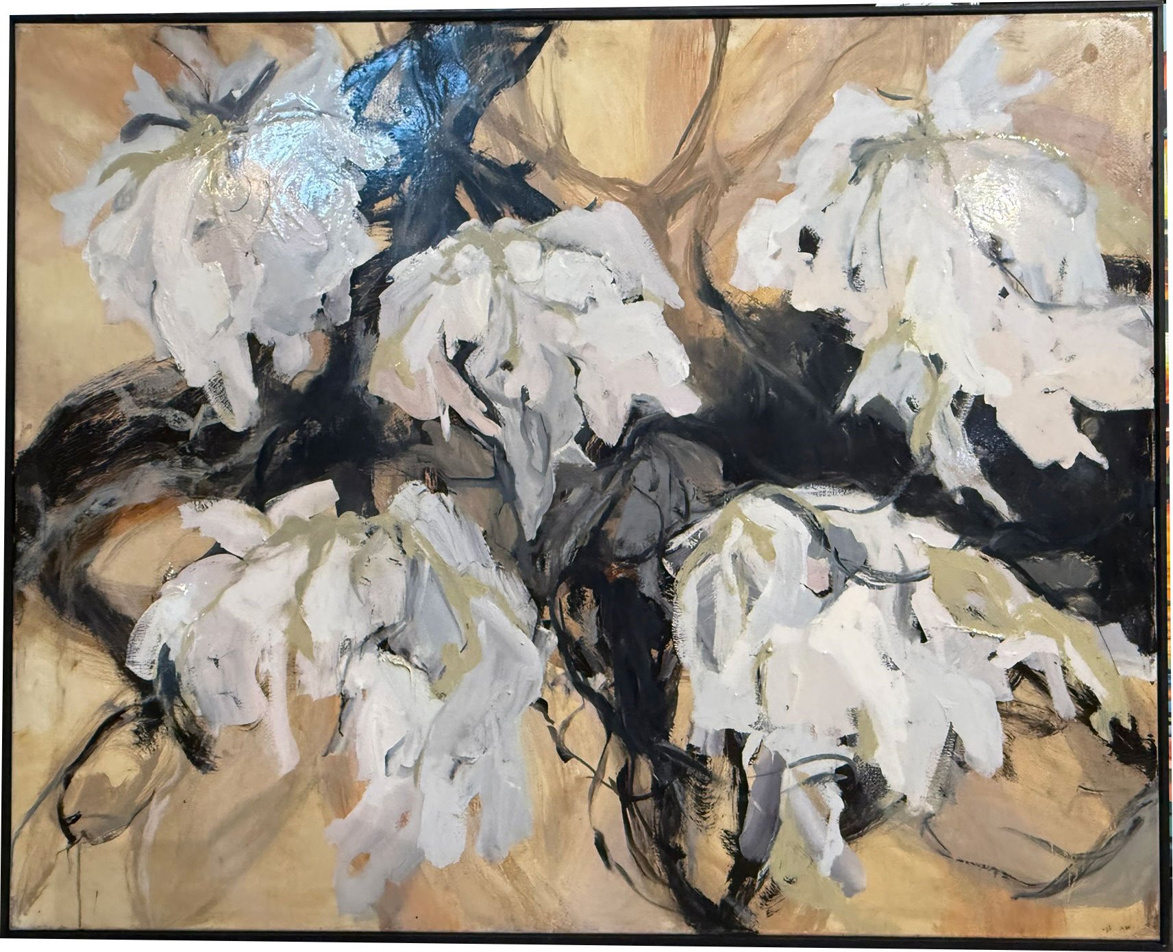 Abstrakt maleri i lyse farver, 80x100cm Lisbeth Gundersen