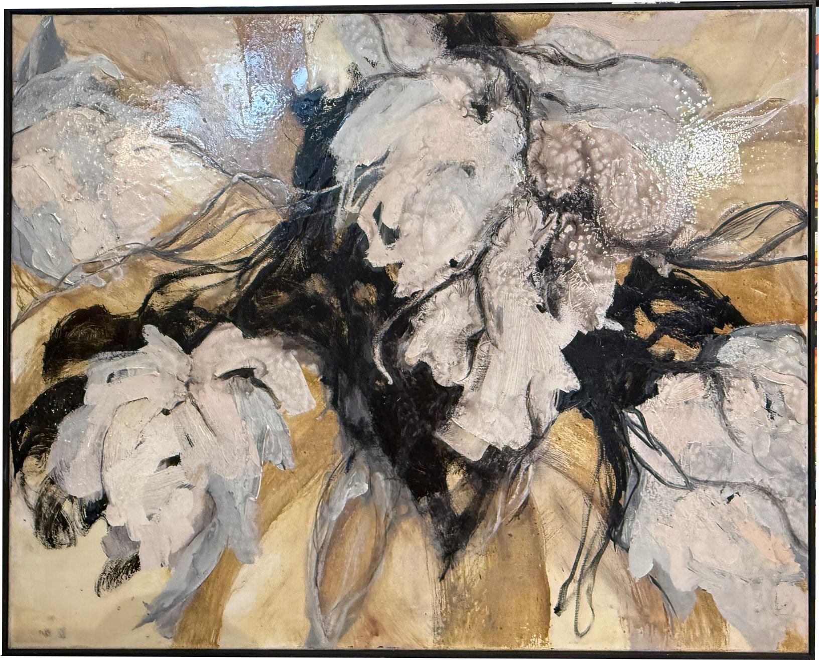 Abstrakt maleri i lyse farver, 80x100cm Lisbeth Gundersen