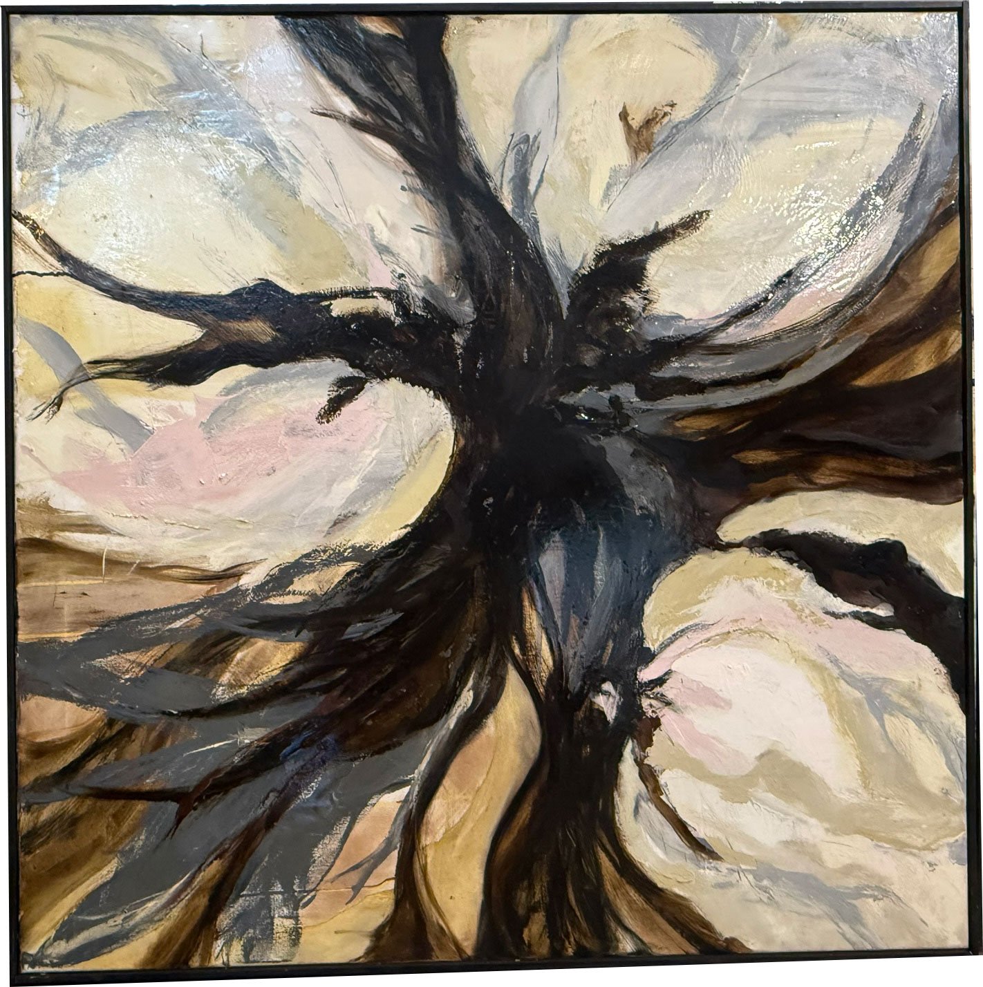 Abstrakt maleri i lyse farver, 80x80cm Lisbeth Gundersen