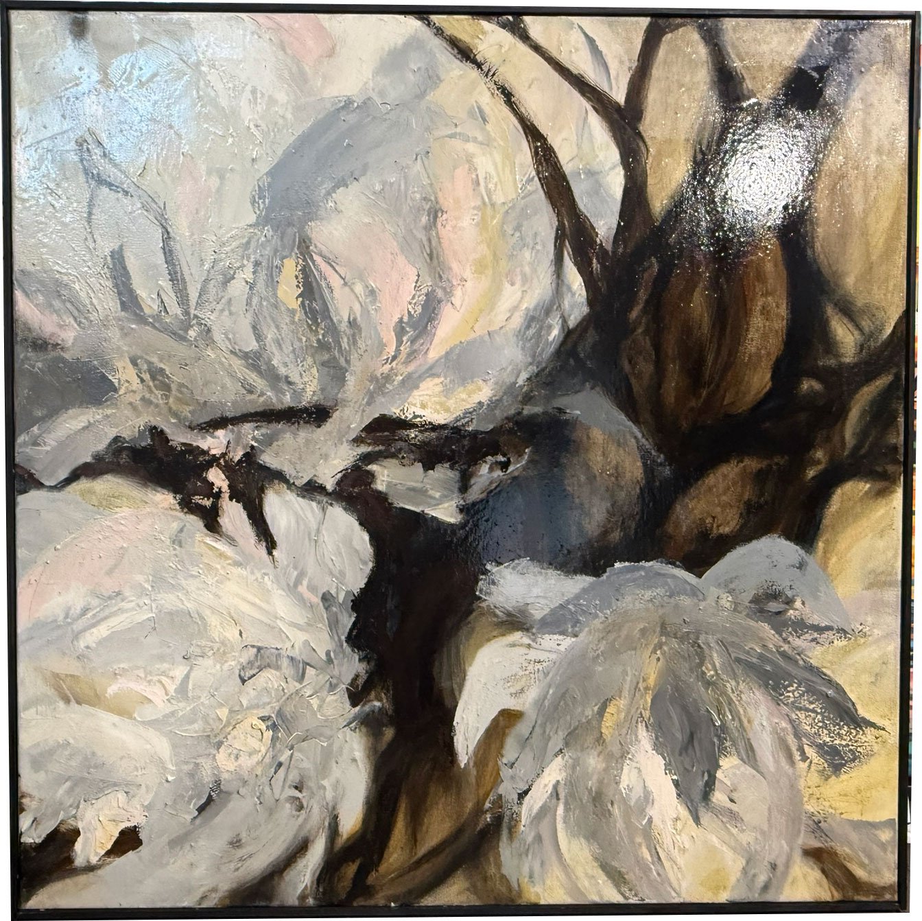 Abstrakt maleri i lyse farver, 80x80cm Lisbeth Gundersen