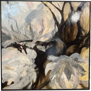 Abstrakt maleri i lyse farver, 80x80cm Lisbeth Gundersen