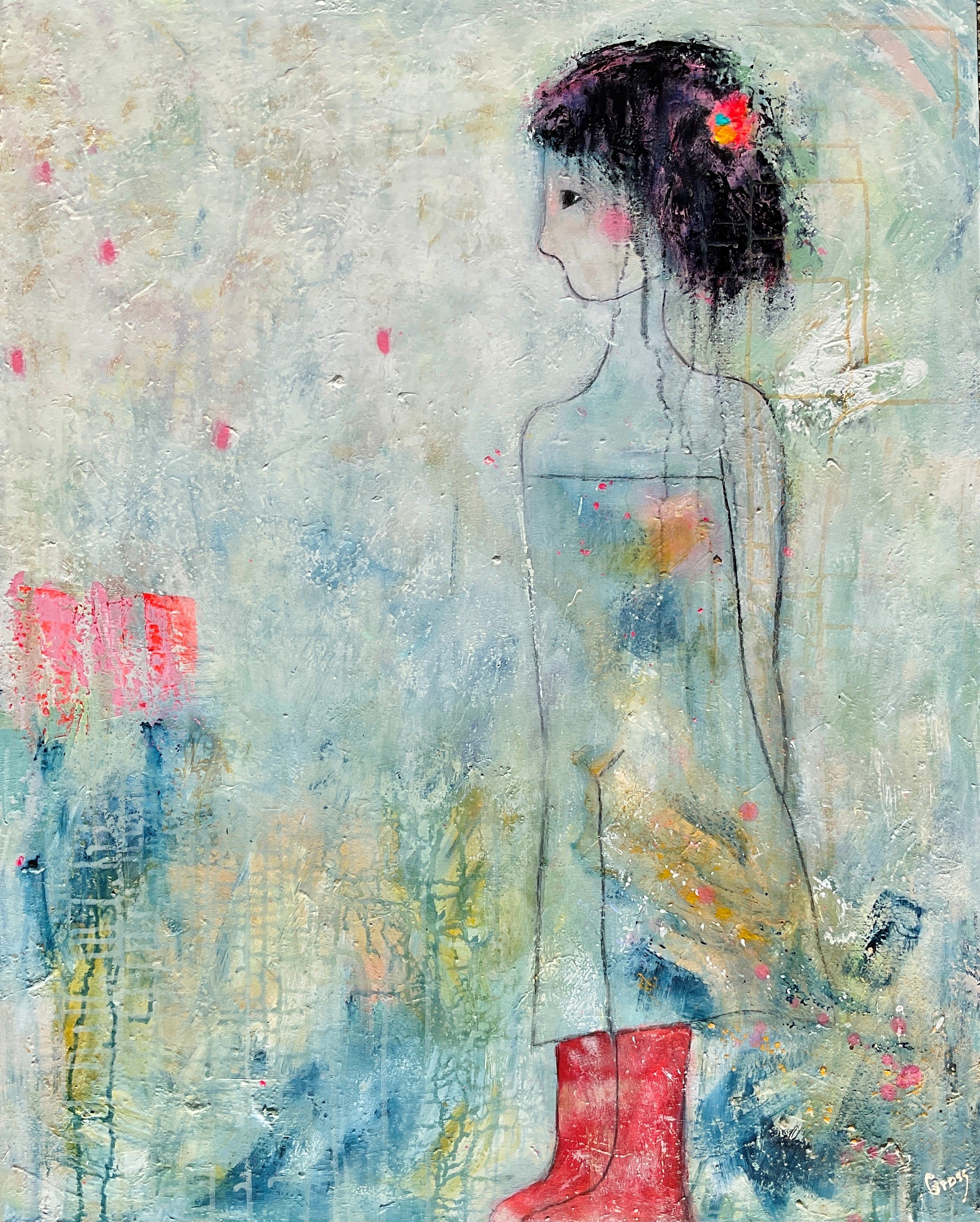 Pigen med r�de gummist�vler, maleri af Inge Merete Gross, 80x100cm