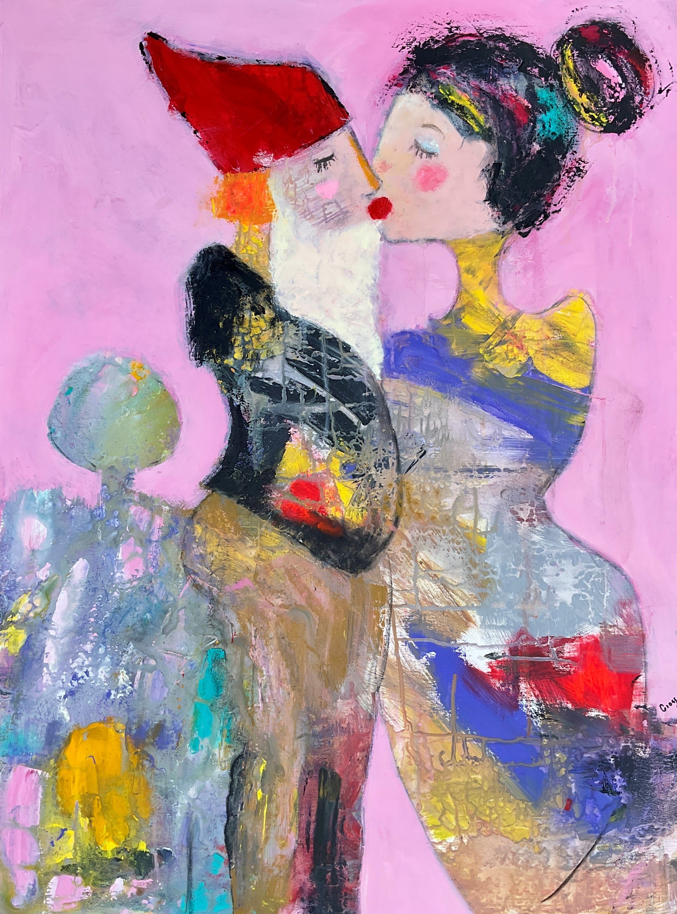 Jeg s� julemanden kysse mor, maleri af Inge Merete Gross, 60x80cm