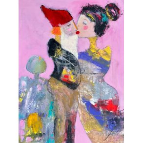 Jeg s� julemanden kysse mor, maleri af Inge Merete Gross, 60x80cm