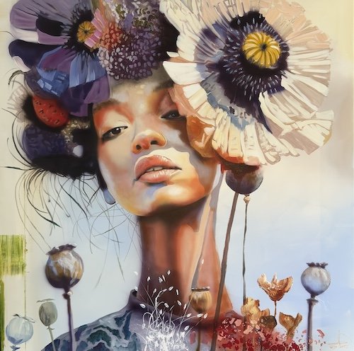 Bloom, 100x100cm maleri af Naja Duarte